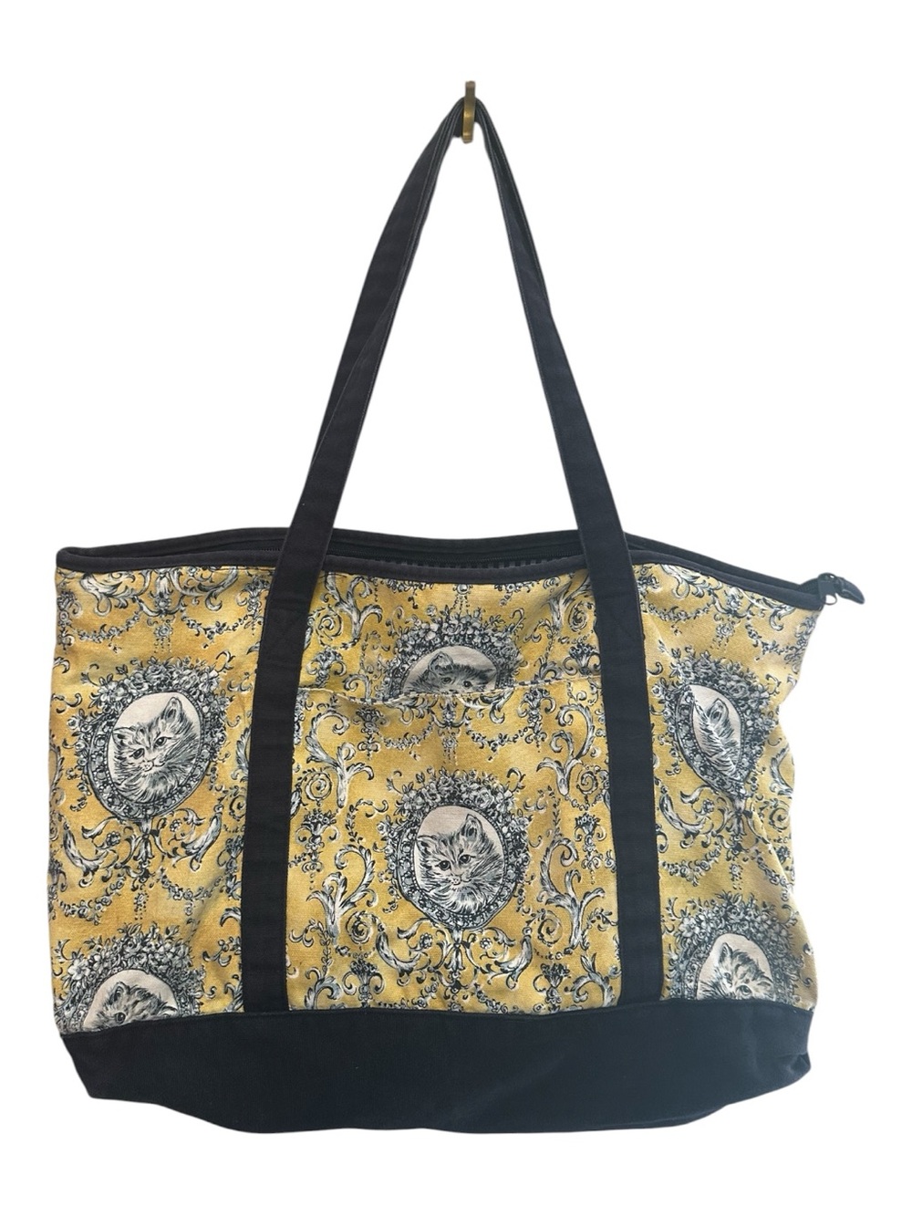 Vintage Y2K Victorian Style Cotton Yellow Cat Medallion Tote with Black Trim